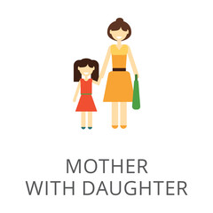 Mother holding hand of daughter flat vector icon. Cartoon drawing or illustration of woman and girl standing together on white background. Relationship, family, love, parenting concept