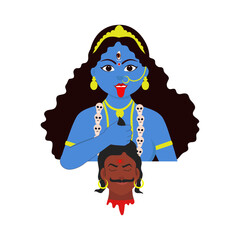 Hindu Mythology Goddess Kali Holding Demon Head On White Background.