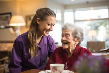 Home caregiver and a senior woman during home visit. - obrazy, fototapety, plakaty