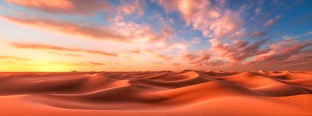 Global warming concept. Lonely sand dunes under dramatic evening sunset sky at drought desert landscape, digital ai