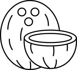 Coconut With Half Piece Black Thin Line Art Icon.