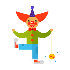 Happy clown performing at show flat vector icon. Circus performer dressed in bright clothes entertaining visitors isolated on white background. Activities and professions, entertainment concept