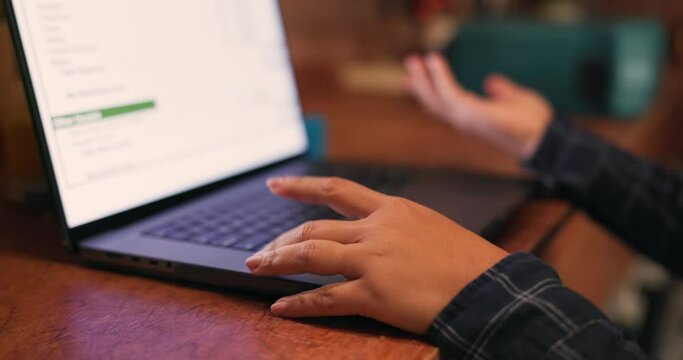 Closeup, business or person with laptop, mistake or internet with slow connection, deadline or network problem. Hand, worker or employee with a pc, glitch or screen with website error or system virus