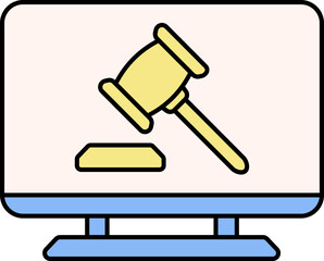 Judge Gavel In Monitor Screen For Online Auction Yellow And Blue Icon.