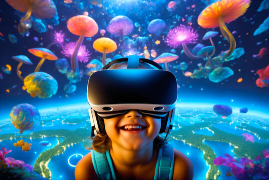 VR headset transports child to whimsical, otherworldly landscape