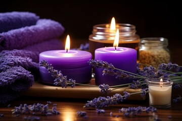 Obraz na płótnie Canvas Calming spa scene with lit candles and aromatic lavender. Generative AI