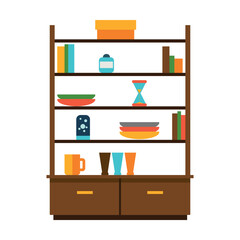 Cabinet with dishes, recipe books for kitchen flat vector icon. Cartoon drawing or illustration of furniture or element for apartment or house on white background. Interior design, furniture concept