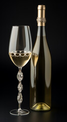 Fototapeta na wymiar Two glasses of white wine and a bottle of champagne on a black background generativa IA