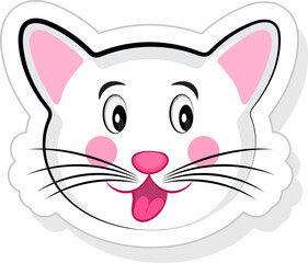 Pink And White Cute Cat Face In Sticker Style.