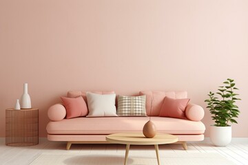 Fototapeta na wymiar Mock-up of a living room with a coral pink sofa, round pillow, and plaid on a beige wall background. Generative AI