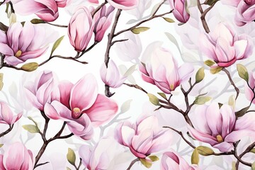 Pattern depicting magnolia flowers using watercolor technique. Generative AI