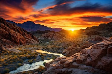 Vibrant sunset scenery of Nevada's desert canyon. Generative AI