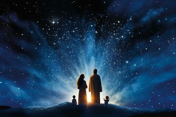 Fototapeta na wymiar Nativity of Jesus with comet star - holy family in snowy night and starry sky - abstract defocused background. Generative AI