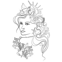 Mermaid with seashells and corals in long hair abstract portrait in linear style vector illustration. Line art beautiful face of fantastic mermaid woman with seashells black and white sketch drawing
