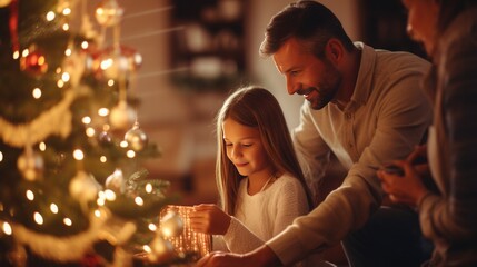 couple decorating christmas tree. Family new year holidays