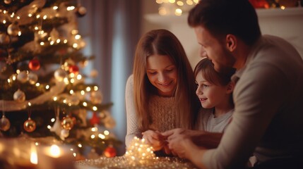 Obraz na płótnie Canvas family decorating christmas tree at home