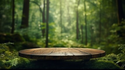 Photo of a wooden table surrounded by the beauty of nature in a serene forest setting