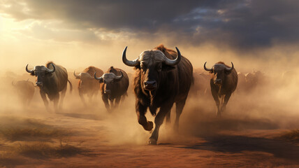 A herd of bulls runs through the desert