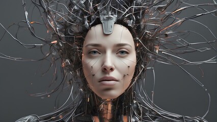 Futuristic cyborg woman with broken glass on head. 3d rendering