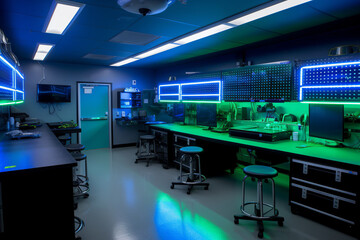 An electrifying workshop office illuminated by neon lights with multiple monitors, representing a futuristic workspace