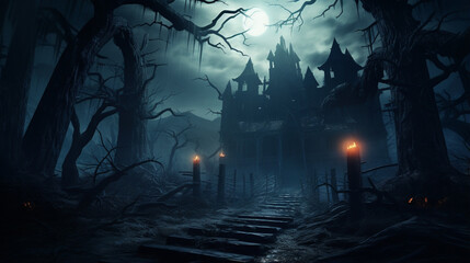 Horror Halloween haunted house in creepy night forest