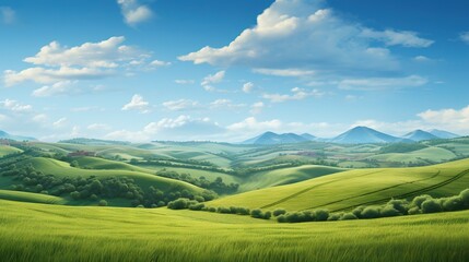 Obraz premium a painting of a green landscape with mountains in the distance. generative ai