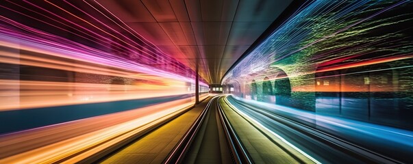 Blurred colorful trains movement of an automatic train moving in a tunnel.