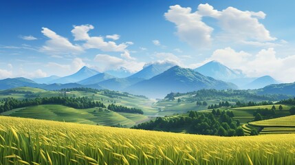 Fototapeta premium a painting of a green field with mountains in the background. generative ai