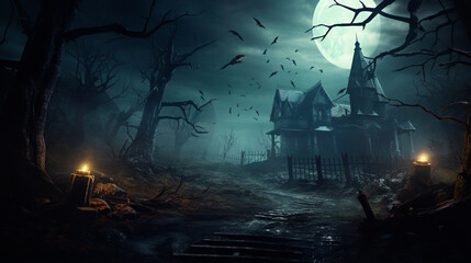 Horror Halloween haunted house in creepy night forest - obrazy, fototapety, plakaty