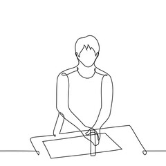 man stands in front of the sink in which he washes his hands - one line art vector. concept hygiene, wash hands