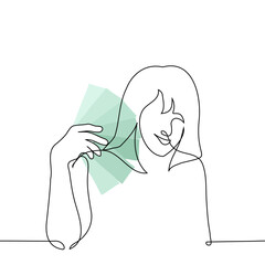 woman smiling fanning stack of green banknotes - one line art vector. concept contentment with cash in hand, winnings, savings, salary, cashback