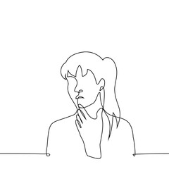 woman with open mouth scratching her chin with her finger - one line art vector. concept emotion of confusion, indecision