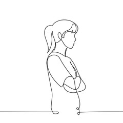 woman stands in profile with her arms crossed - one line art vector. concept skeptical, dissatisfied