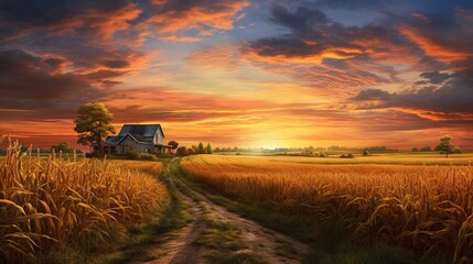  a painting of a sunset over a farm with a house.  generative ai