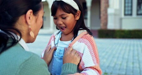 Mom, kiss and goodbye to child in kindergarten, montessori and kid with support, care and love from mother in morning. Back to school, girl and mommy hug and embrace in farewell for preschool student