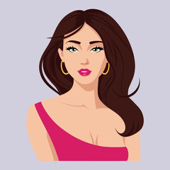 Beautiful portrait of cute young woman in pink dress. Modern flat illustration. Avatar for a social network