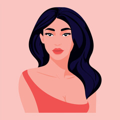 Beautiful portrait of cute young woman in red dress. Modern flat illustration. Avatar for a social network