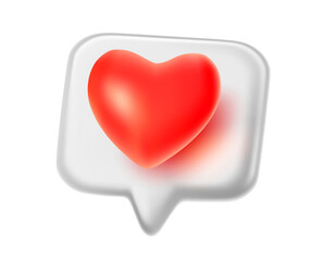 Vector love illustration of speech bubble with red color heart on white background. 3d style romantic design of speech bubble