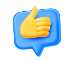 Vector business illustration of blue color speech bubble with hand gesture thumb up on white background. 3d style design of speech bubble with hand