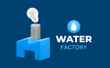 Vector business illustration of blue abstract factory with chimney and smoke on color background. 3d style design of water factory logotype