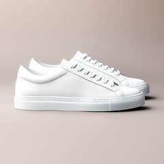 Mockup photo of white sneakers with side view on beige background