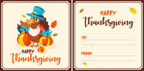 Double sided thanksgiving greeting card with turkey character and pumpkins in cartoune style, flat style in bright colors. Ready vector template for banner.