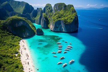 An aerial view of Maya Bay, Koh Phi Phi in Thailand with clear turquoise water and scenic surroundings. Generative AI