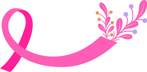 Pink ribbon design with flowers. Breast cancer awareness month. Design for poster, banner, t-shirt. Vector illustration.
