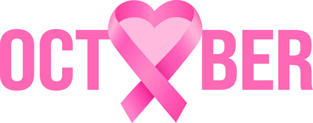 Symbol of Breast cancer awareness month in October. Pink ribbon design with heart. Poster template. Vector illustration.