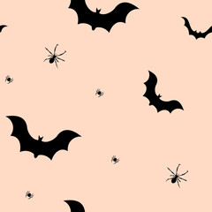 Fototapeta premium Halloween black bat and spider seamless pattern. Silhouettes style. Vector illustration for Halloween.