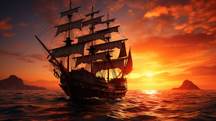 Old ancient pirate ship on peaceful ocean at sunset