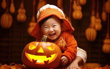 Happy Halloween with pumpkin. Halloween jack-o-lantern and baby snap shot. Asian baby.
