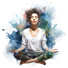 A young woman practicing meditation in the lotus yoga posture, carried away by a mystical trance, grace, awareness, mindfulness, awakening - Colored watercolor illustration, isolated on white - obrazy, fototapety, plakaty