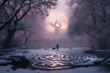 serene morning with a sacred symbol on a snowy day. Generative AI